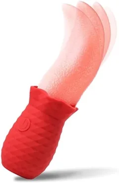 Curved silicone tongue blade flexing mid-swing on the red ridged handle