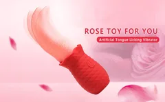 Rose-themed tongue licking vibrator shown with petals and the artificial tongue licking label