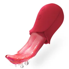 Close-up of the flexible pink tongue tip with water droplets on the red body