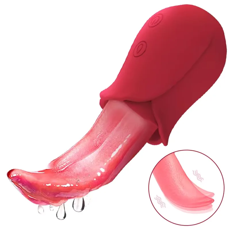 Red artificial tongue vibrator with a translucent silicone tongue and two control buttons