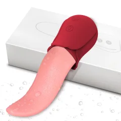Red tongue vibrator resting on a plain white gift box