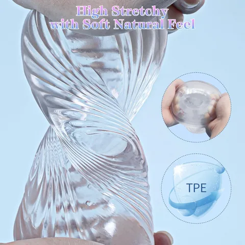 The sleeve held in hand to show its soft flexible transparent TPE material
