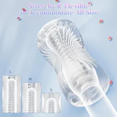 Angle view of the clear masturbator sleeve highlighting its see-through design