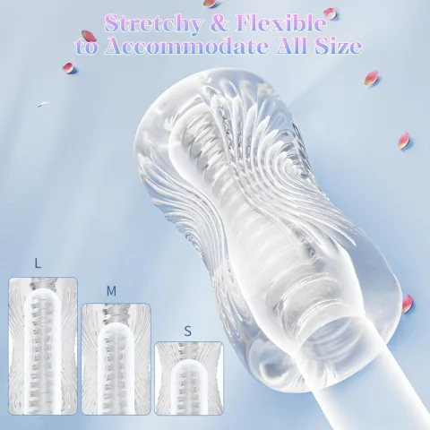 Angle view of the clear masturbator sleeve highlighting its see-through design