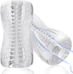 Transparent textured male masturbator sleeve standing upright showing the clear TPE body and internal texture channel