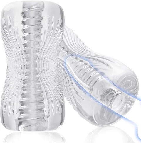 Transparent textured male masturbator sleeve standing upright showing the clear TPE body and internal texture channel