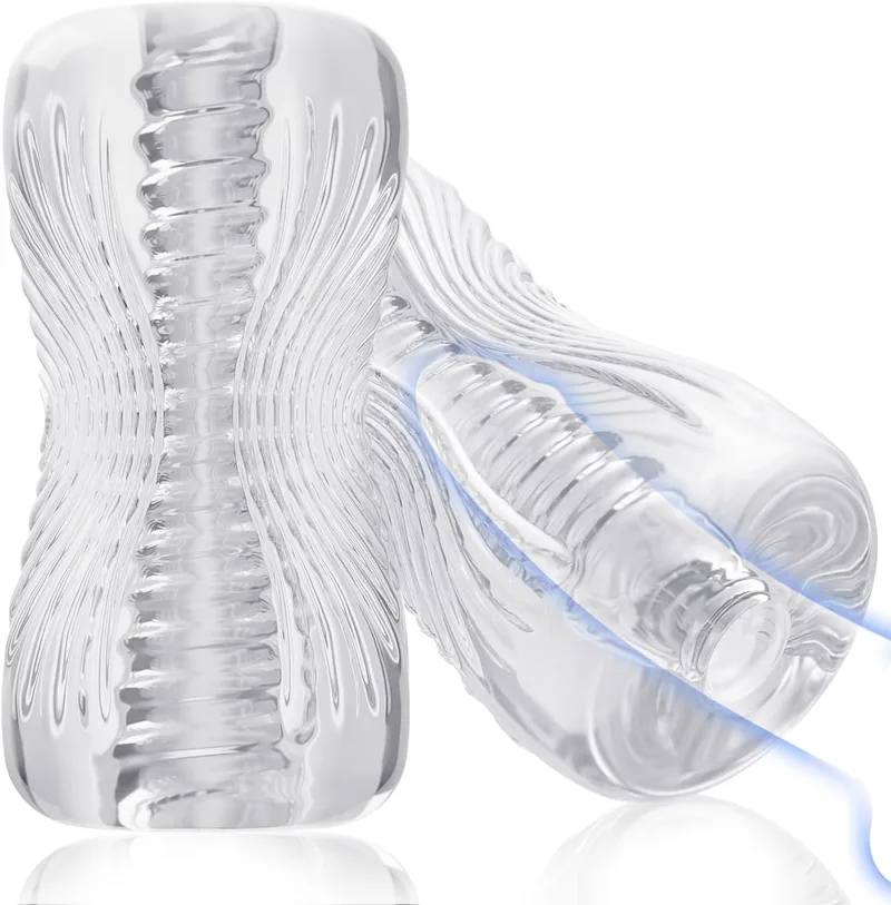 Transparent textured male masturbator sleeve standing upright showing the clear TPE body and internal texture channel