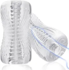 Front view of the transparent male masturbator sleeve with its open textured entrance visible