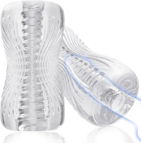 Front view of the transparent male masturbator sleeve with its open textured entrance visible