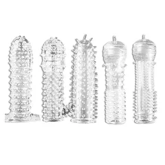 Clear TPE spiked sleeves shown in a range of stud, thorn and rib texture styles