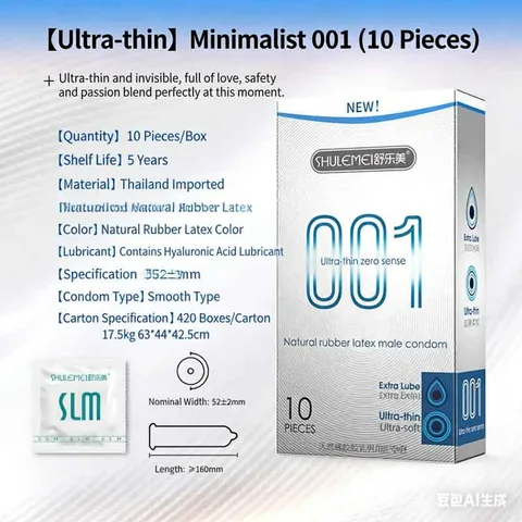 Close-up of ultra-thin latex condom specifications and boxed pack