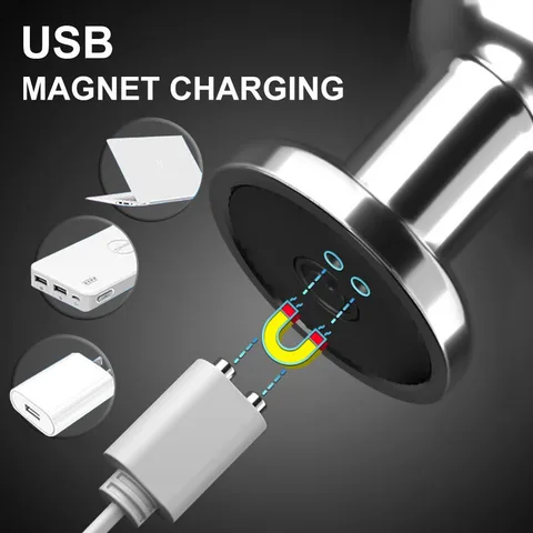 Stainless steel vibrating anal plug with non-slip base shown from the front