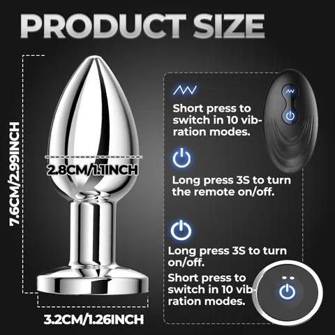 Size diagram showing the 7.6cm total length of the vibrating anal plug
