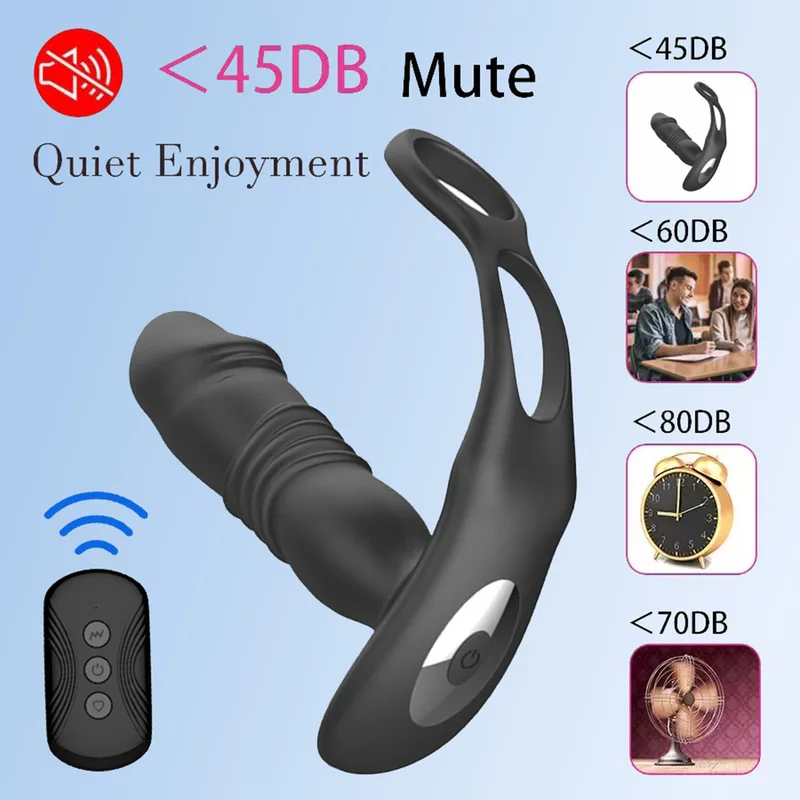 Black remote control thrusting anal vibrator with quiet under 45dB dual motor and handheld remote controller