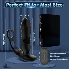 Size guide for the thrusting anal vibrator showing insertable length diameter total length and remote size