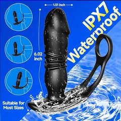 Waterproof silicone thrusting anal vibrator shown under running water to highlight its splash-proof body