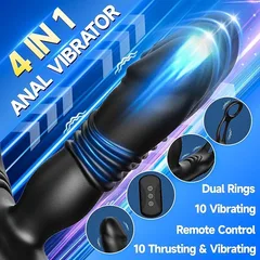 Four in one anal vibrator with dual rings remote control and combined thrusting and vibrating modes