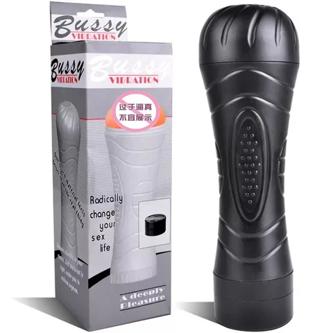 Black vibrating masturbation cup with TPE sleeve inside a rigid ABS flashlight shell