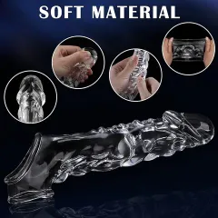 Side view of the clear sleeve with attached cock ring extender