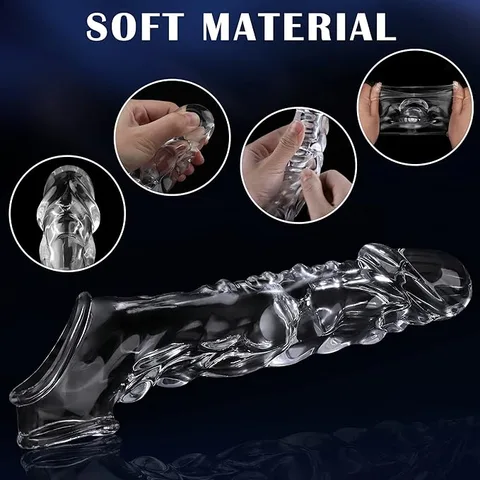 Side view of the clear sleeve with attached cock ring extender