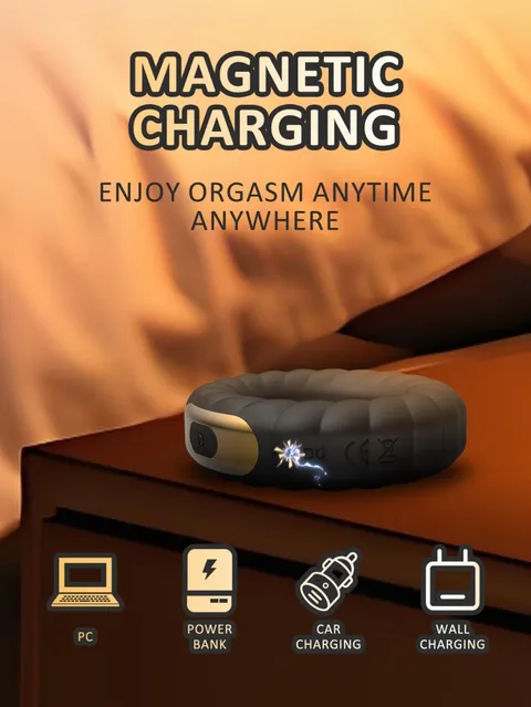 Front detail of the black and gold vibrating cock ring showing its silicone body