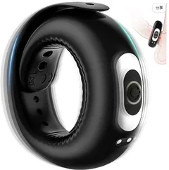 Black silicone vibrating cock ring with single button control shown at an angle