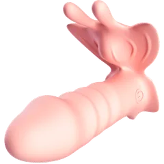 Wearable butterfly vibrator shown worn hands-free against the body