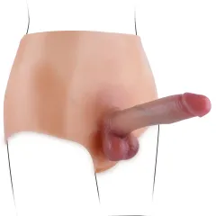 Wearable dildo pants in skin tone with a realistic shaft and textured balls shown on a mannequin