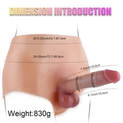 Dimension diagram of the wearable dildo pants showing waist hip and shaft measurements