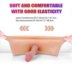Silicone briefs stretched by hand to demonstrate elasticity with waist and hip fit ranges above