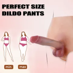 Fit illustration showing the wearable dildo pants sizing across a minimum and maximum body range