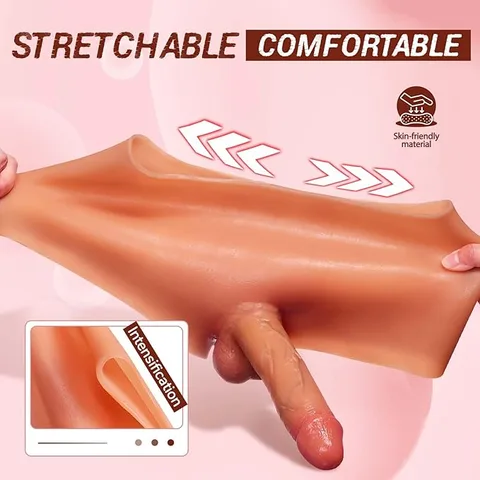 Wearable strap-on dildo showing the bendable silicone shaft flexibility