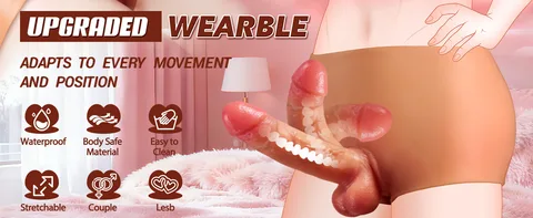 Wearable strap-on dildo designed to stay in place without a harness during play